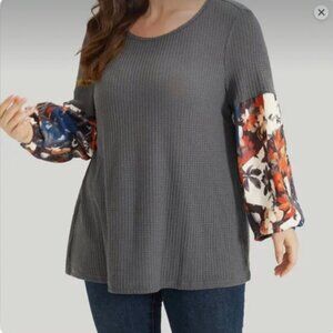 NWTs BloomChic Grey Waffle Knit Floral Print Blouse 2XL  - us size 18